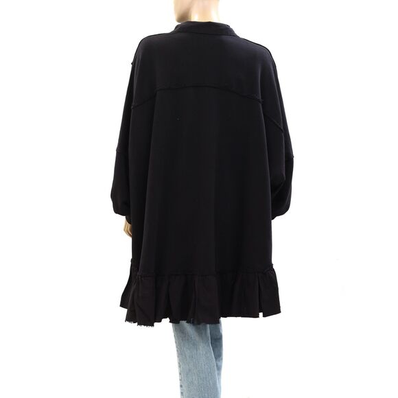 Free People Buttondown Sweatshirt Top Oversized Ruffle Black Cotton L NWD 282777 - Picture 7 of 11